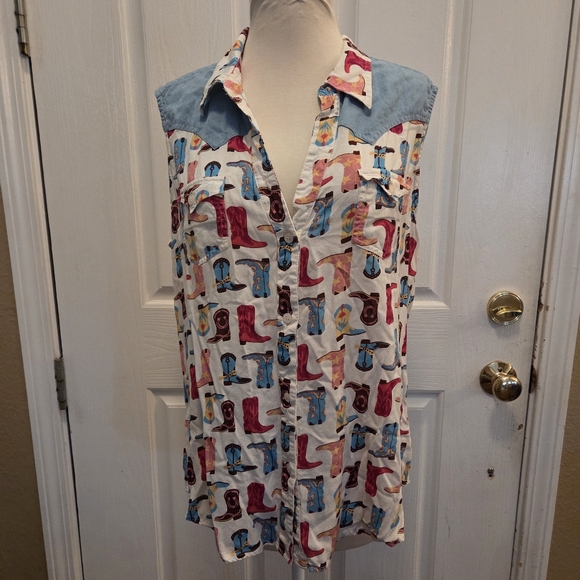 Women's Roper Top Sleeveless Blouse Country Western Cowboy Boots Large Rodeo - Picture 2 of 10